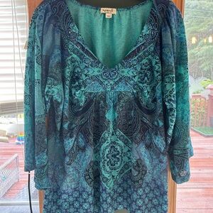 ONE WORLD Teal and Black Patterned Tunic